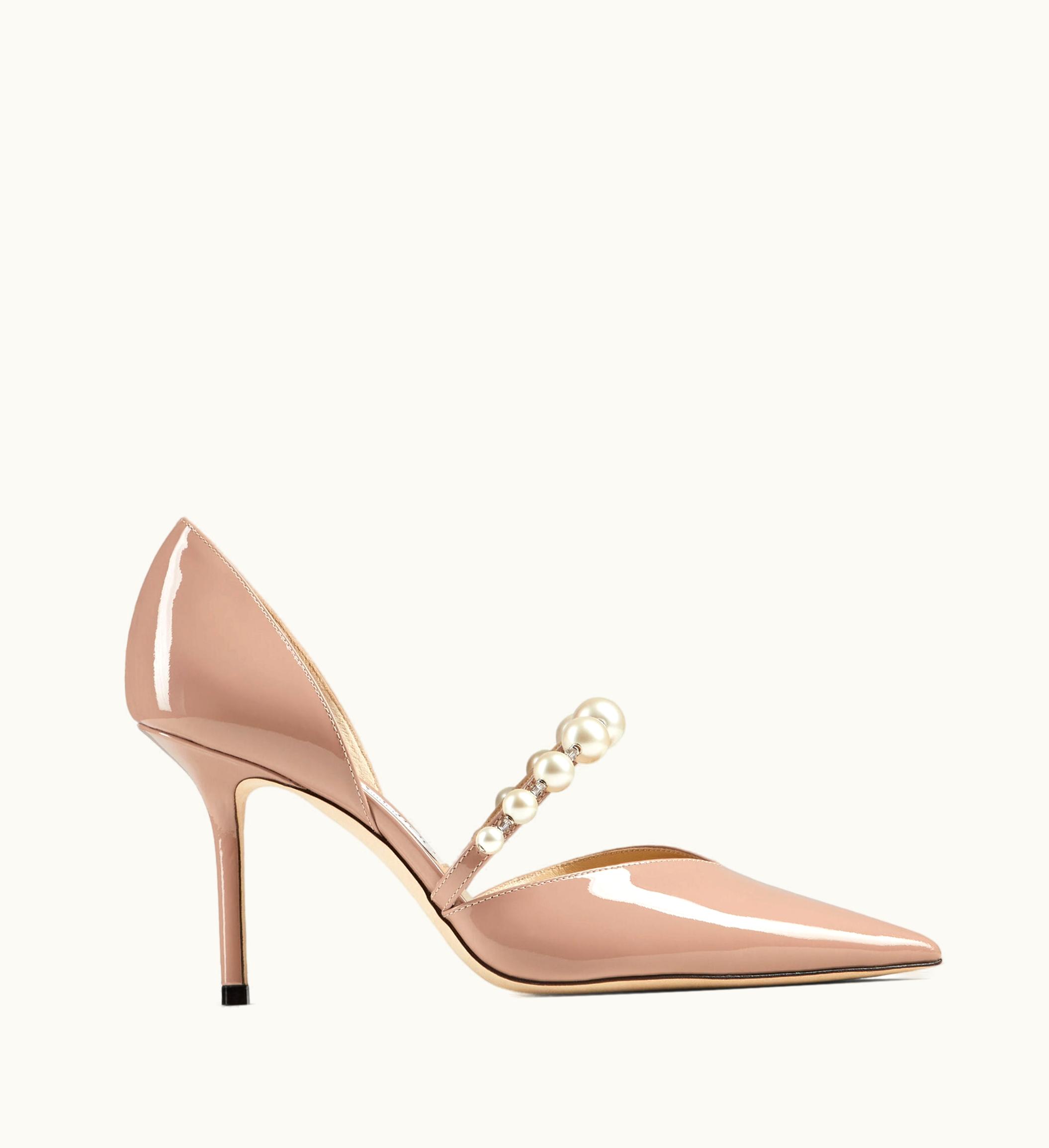 Jimmy Choo Jimmy Choo Aurelie 85 Ballet Pink Patent Leather Pointed Pumps With Pearl Embellishment