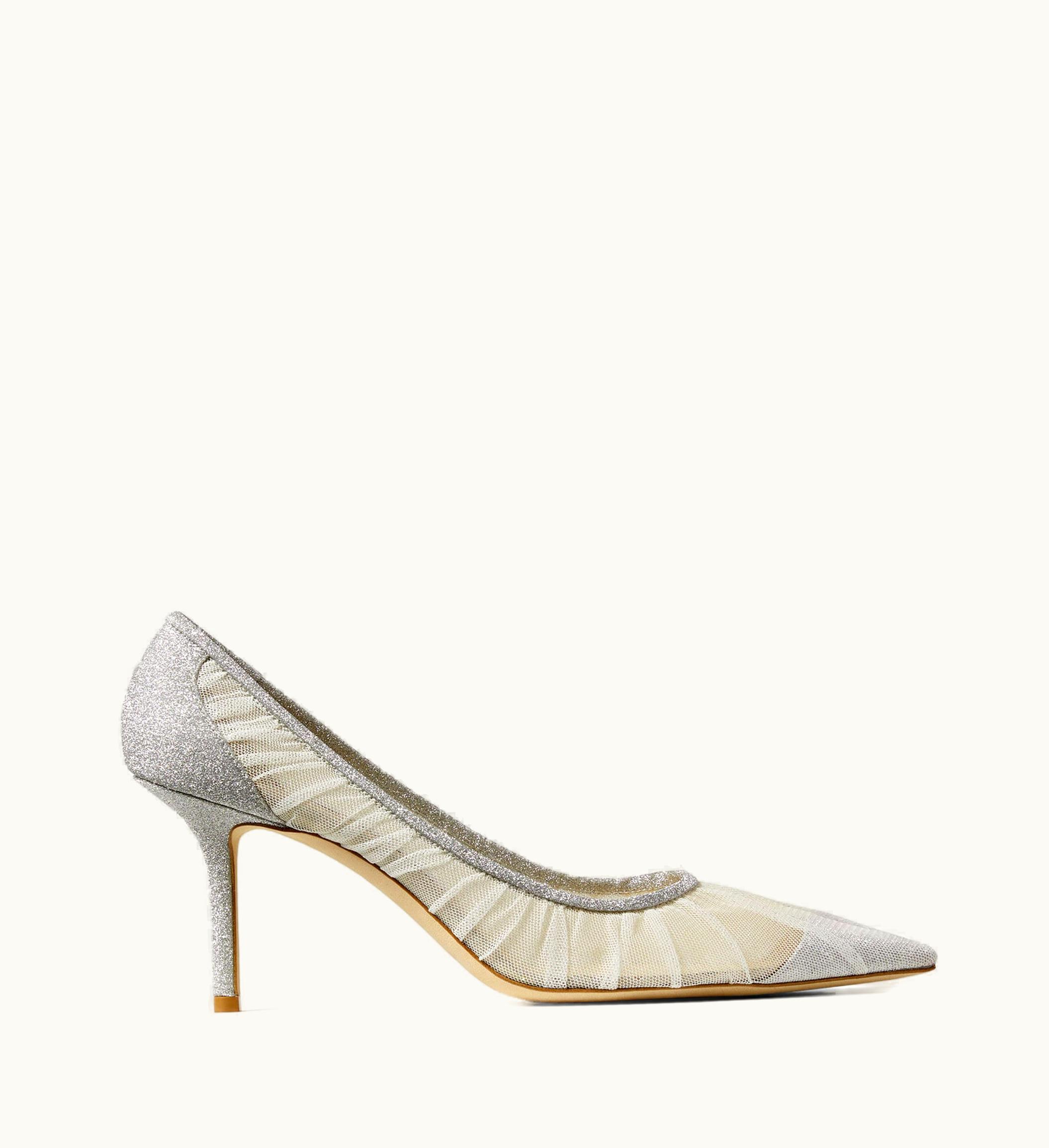 Jimmy Choo Jimmy Choo Love 65 Metallic Silver Glitter Fabric Pumps With Ivory Tulle Overlay