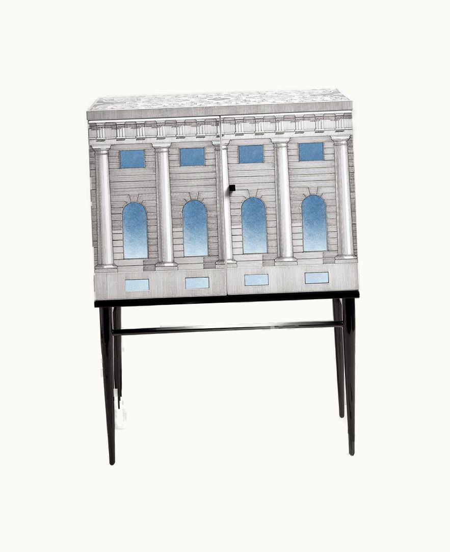 Fornasetti Fornasetti Raised Small Sideboard Architettura Celeste In White / Black / Light Blue