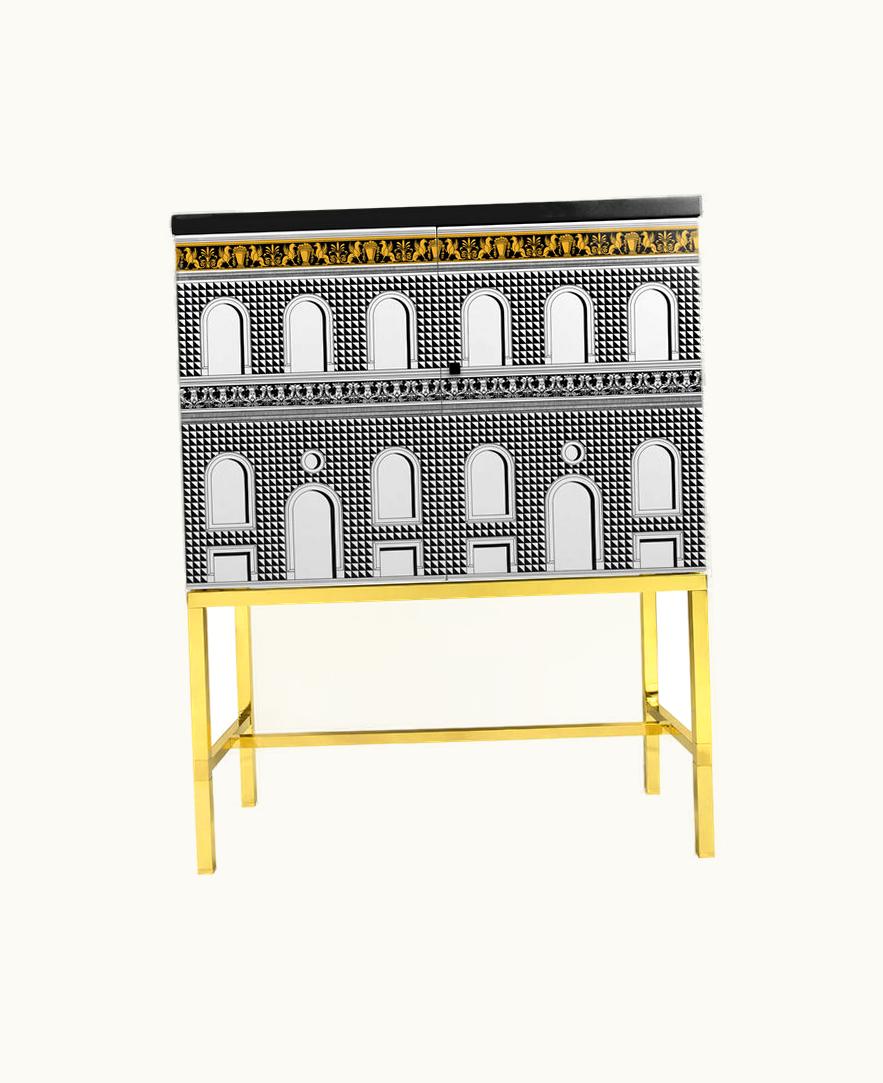 Fornasetti Fornasetti Raised Small Sideboard Facciata Quattrocentesca In White / Black / Yellow M44Y202OFOR22BIA