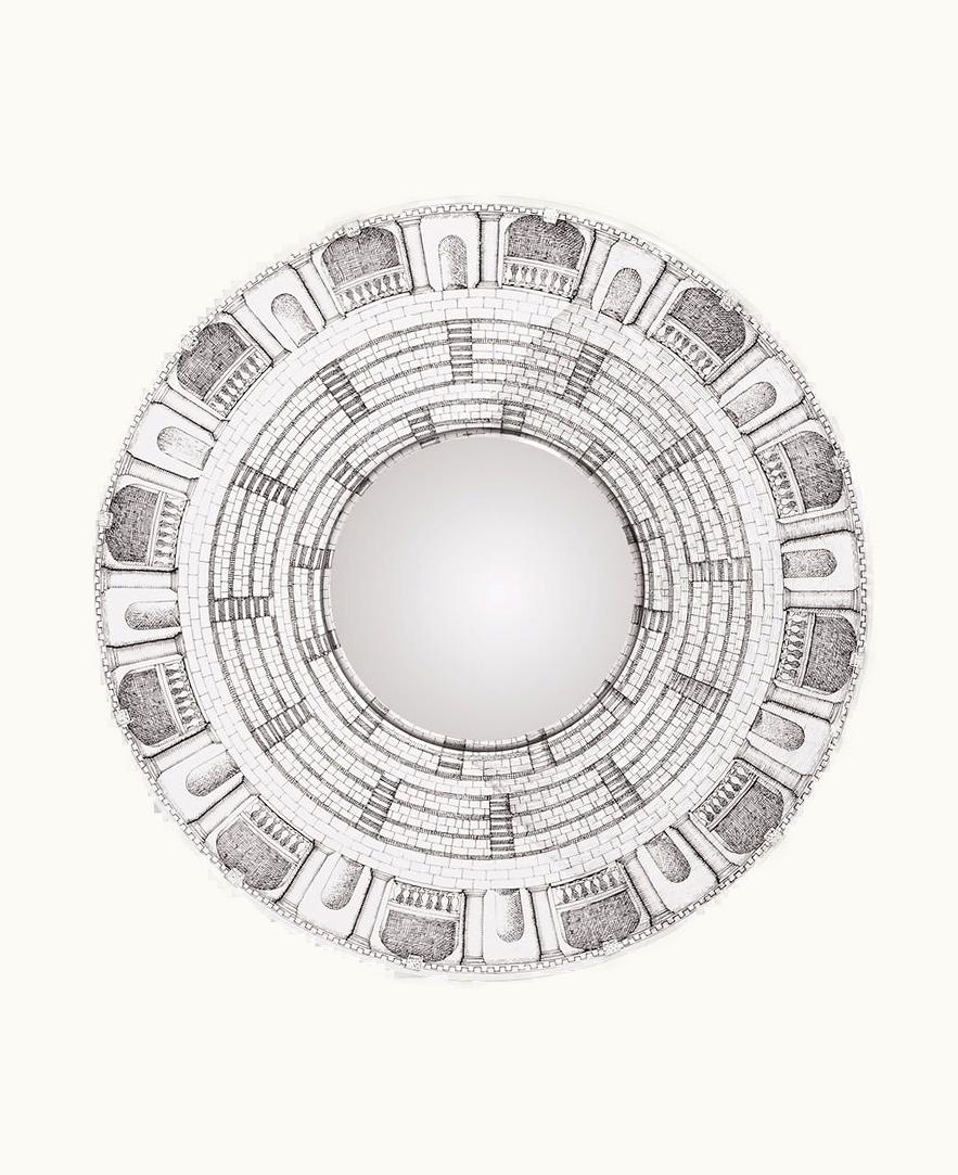 Fornasetti Frame With Convex Mirror Architettura In White / Black