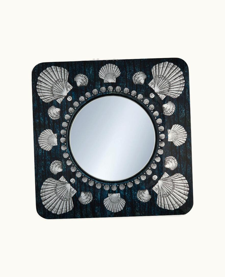 Fornasetti Frame With Flat Mirror Giro Di Conchiglie In Silver / Blue