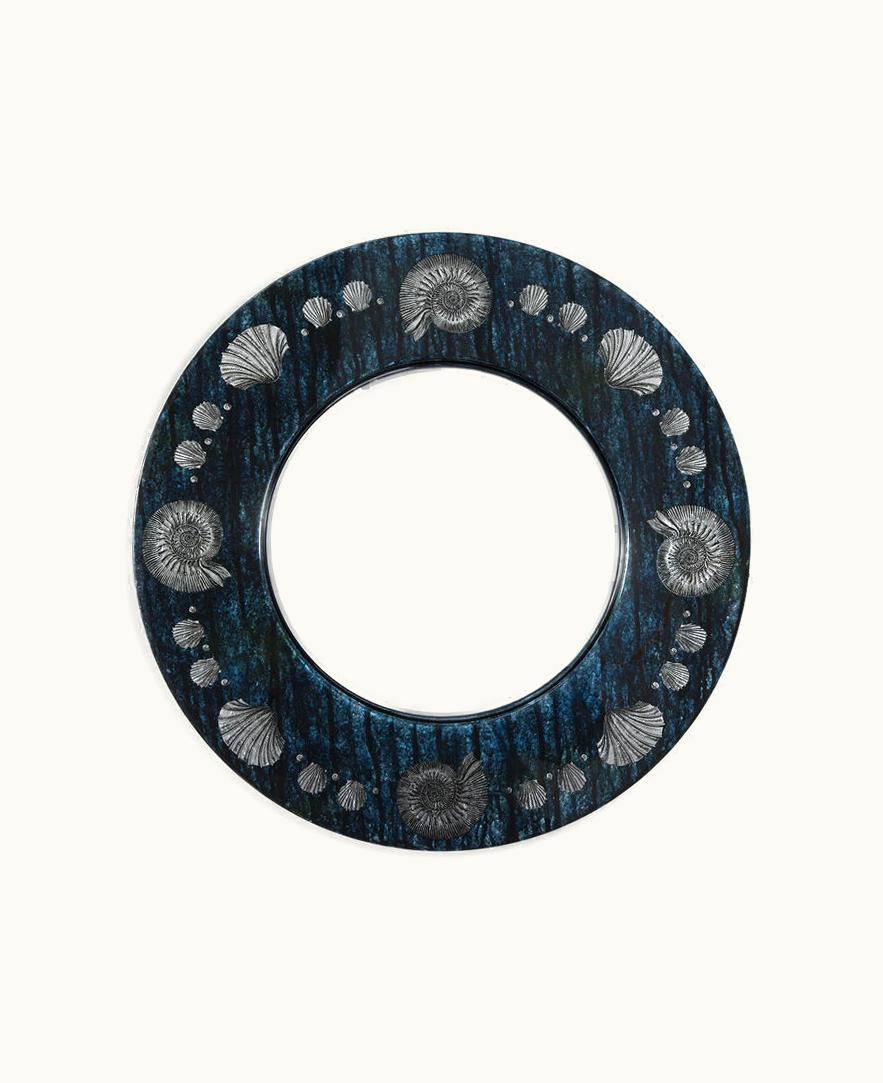 Fornasetti Frame With Convex Mirror Giro Di Conchiglie In Silver / Blue