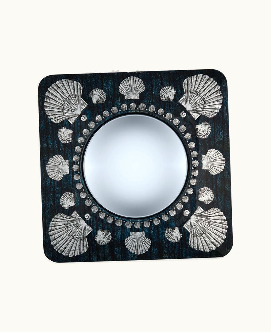 Fornasetti Frame With Convex Mirror Giro Di Conchiglie In Silver / Blue