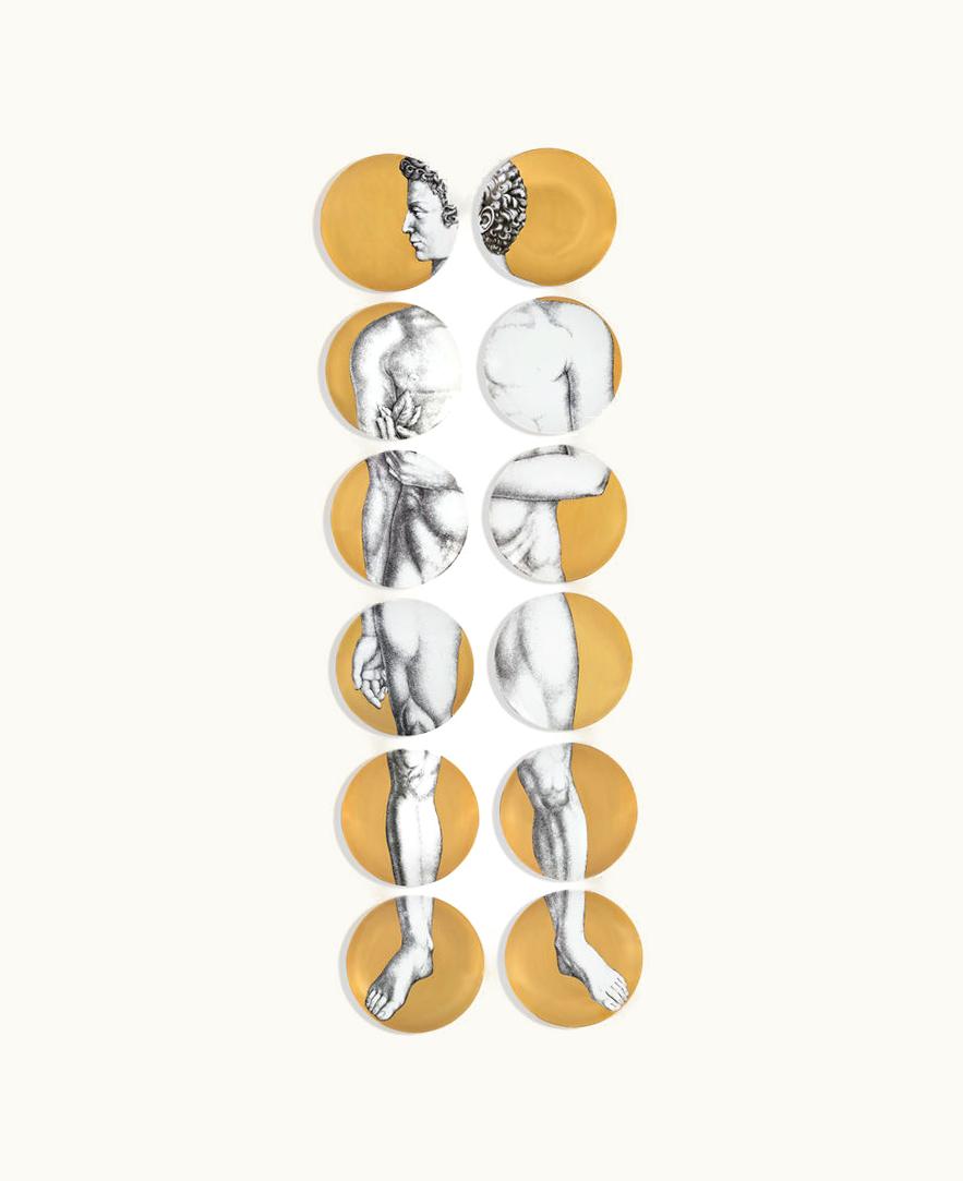 Fornasetti Fornasetti Set 12 Plates Adamo In White / Black / Gold