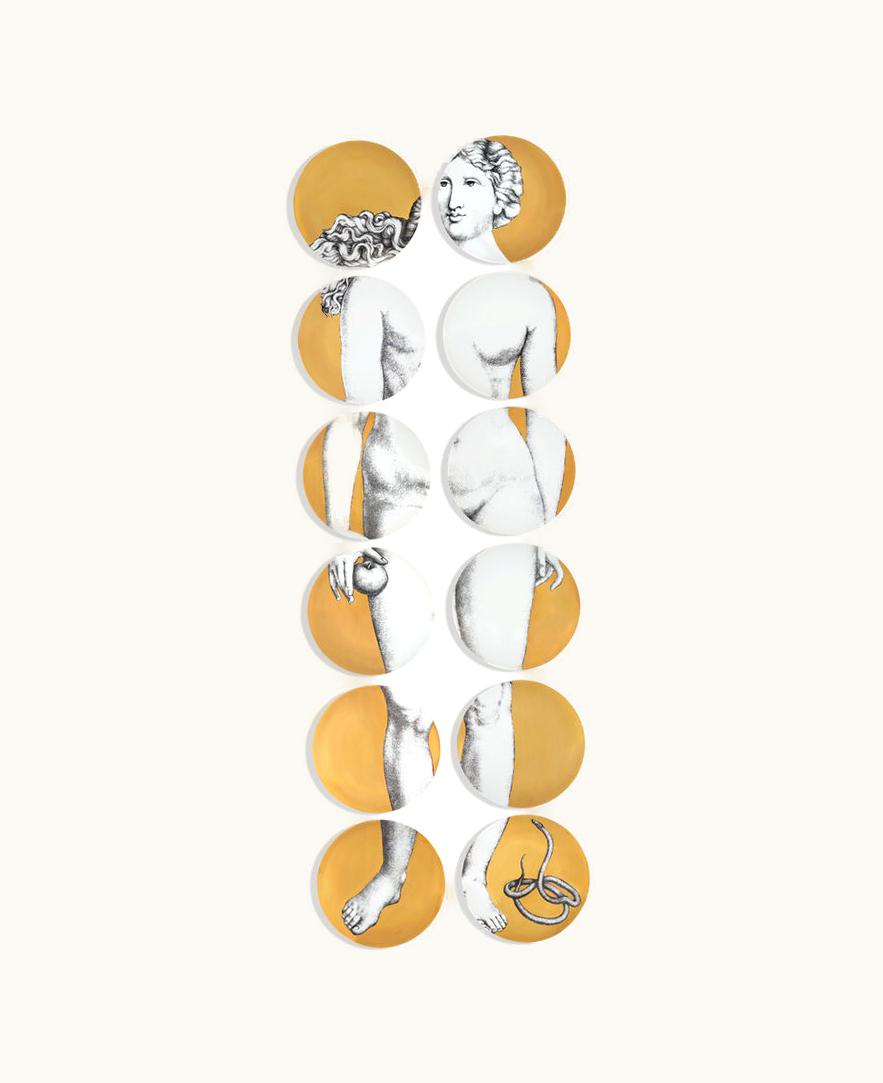 Fornasetti Fornasetti Set 12 Plates Eva In White / Black / Gold