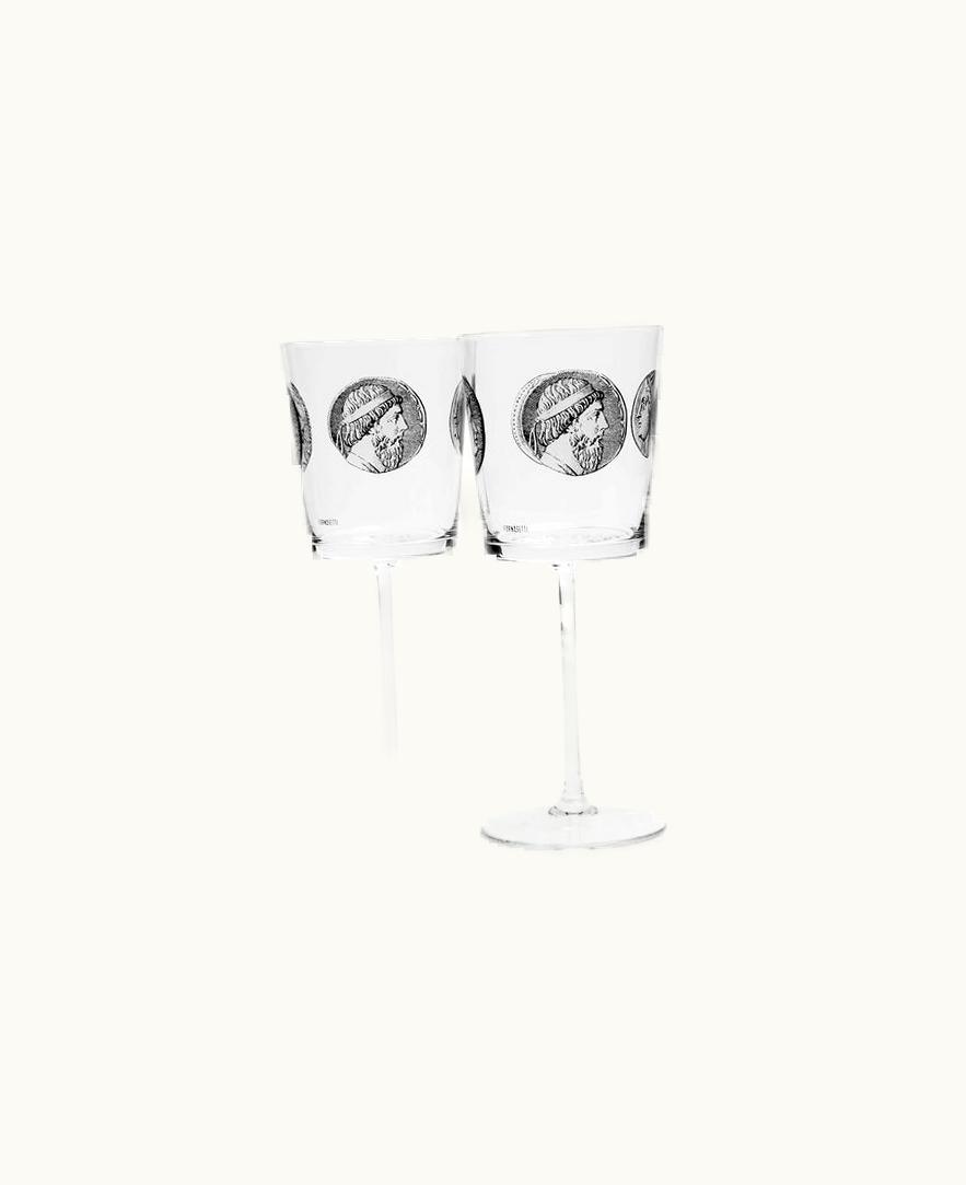 Fornasetti Fornasetti 2 Wine Glasses Set Cammei In White / Black