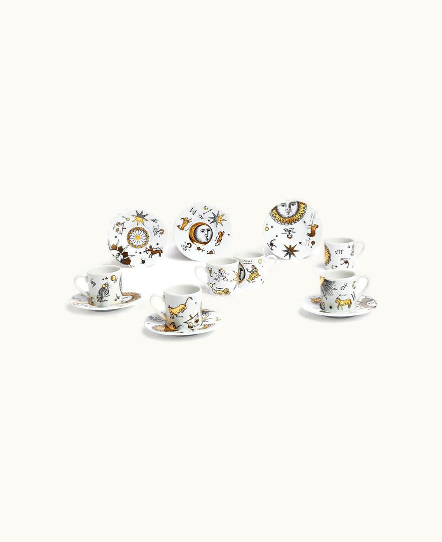Fornasetti Fornasetti Set 6 Coffee Cups Astronomici In White / Black / Gold