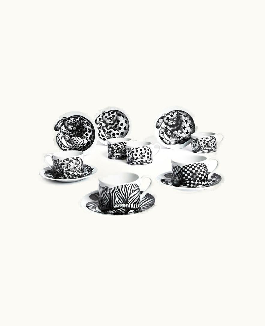 Fornasetti Fornasetti Set 6 Tea Cups High Fidelity In White / Black
