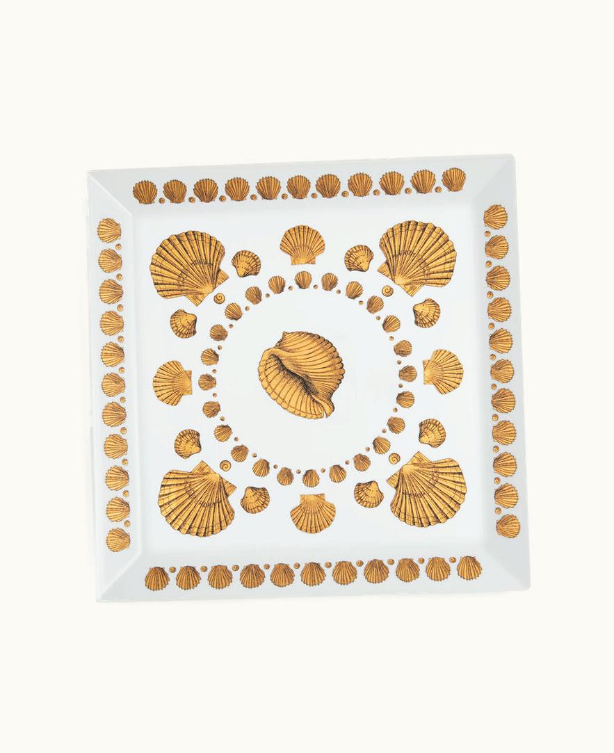 Fornasetti Fornasetti Square Tray Giro Di Conchiglie In White / Black / Gold