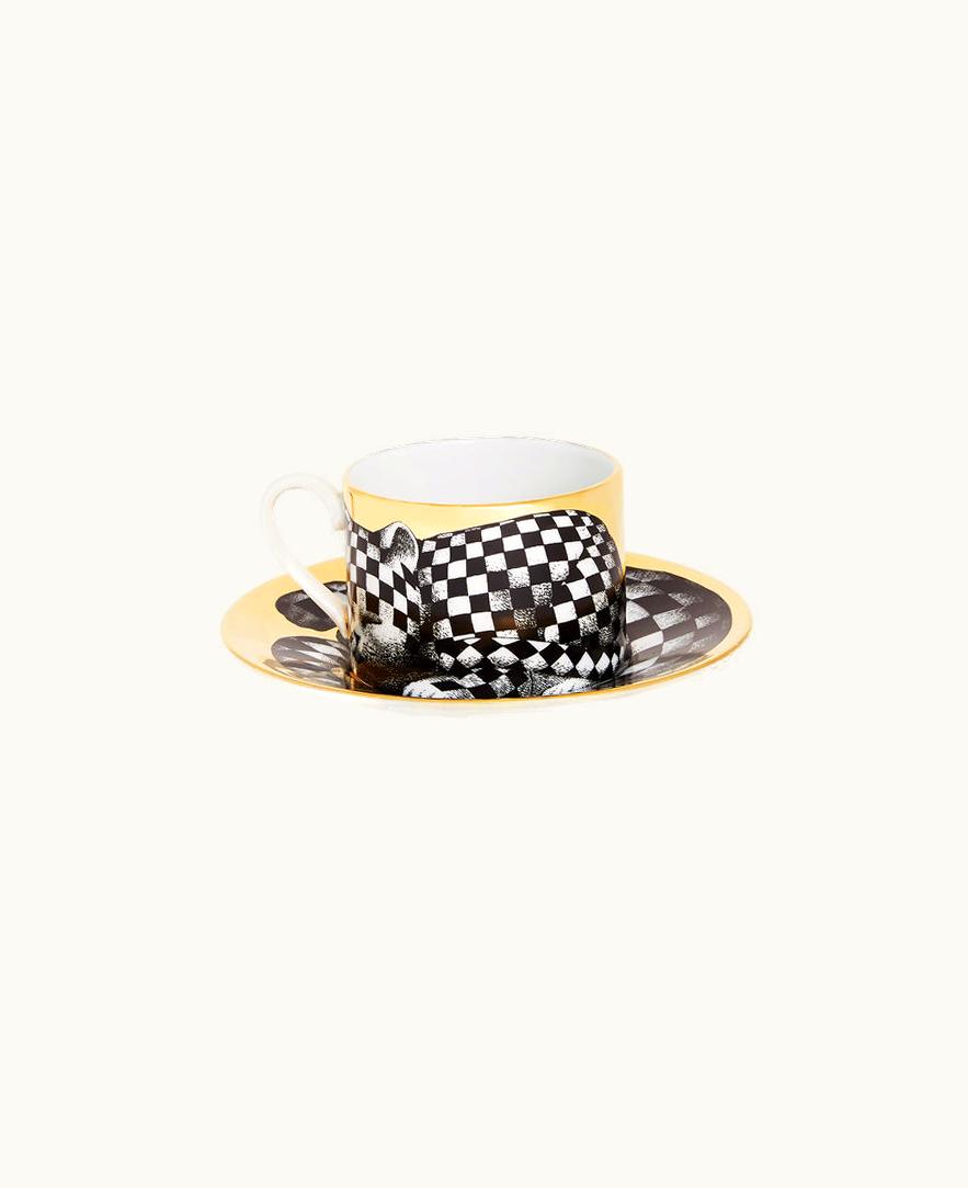 Fornasetti Fornasetti Tea Cup High Fidelity Quadrettato In White / Black / Gold