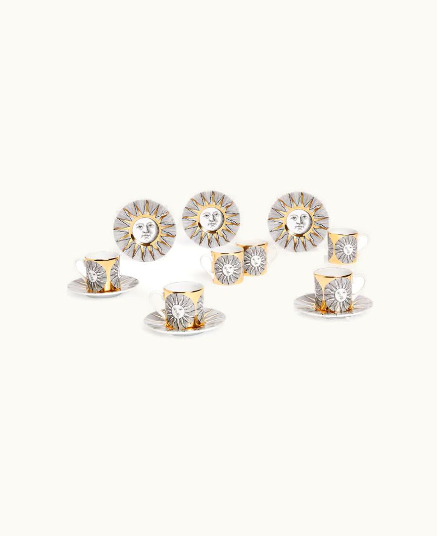 Fornasetti Fornasetti Set 6 Coffee Cups Sole In White / Black / Gold